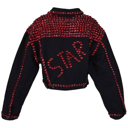 1992 Dolce and Gabbana Black Denim STAR Red Crystals Embellished Baggy Jacket Coat For Sale at 1stdibs