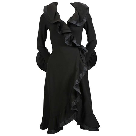 1960's PIERRE BALMAIN haute couture black dress with flounced trim For Sale at 1stDibs