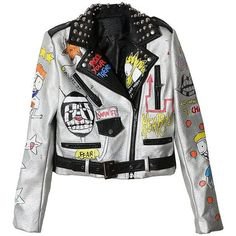 Graffiti Printed Faux Leather Sliver Jacket