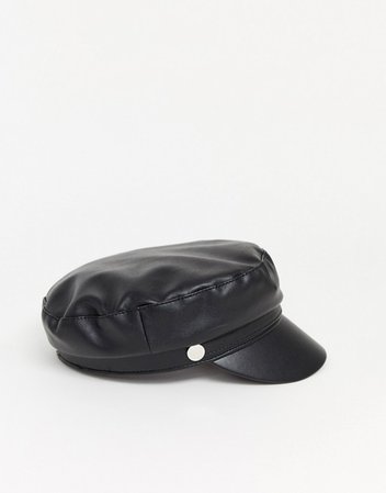 Stradivarius faux leather bakerboy hat in black | ASOS
