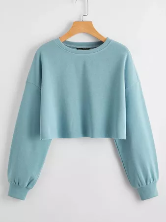 Solid Drop Shoulder Crop Pullover | SHEIN USA blue