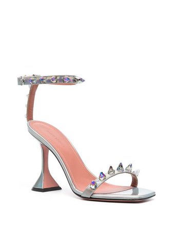 Shop silver Amina Muaddi metallic-effect studded sandals with Express Delivery - Farfetch