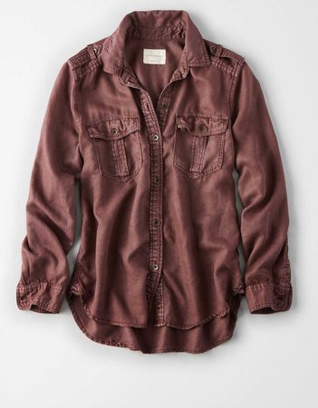 AE Military Button Up Shirt, Raisin Red | American Eagle Outfitters