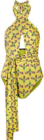 Cutout Printed Halterneck Swimsuit - Bright yellow