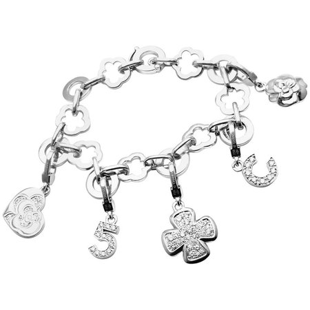 Chanel Camelia Camélia Five Diamond Charm White Gold Link Bracelet For Sale at 1stdibs