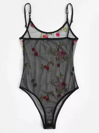 Sheer Mesh Embroidery Cami Bodysuit