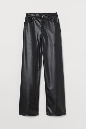 Wide-cut Faux Leather Pants - Black