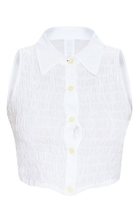 White Cotton Shirred Crop Sleeveless Shirt | PrettyLittleThing USA