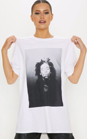 Bob Marley White Printed Oversized T Shirt| Tops | PrettyLittleThing