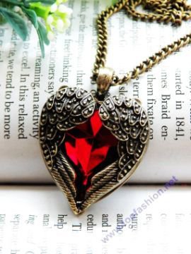 Crimson Ruby Heart Wing Necklace