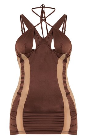Chocolate Satin Silhouette Strappy Bodycon Dress | PrettyLittleThing USA