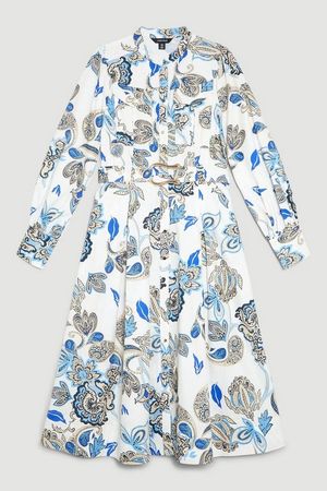 Batik Print Cotton Sateen Midi Shirt Dress | Karen Millen