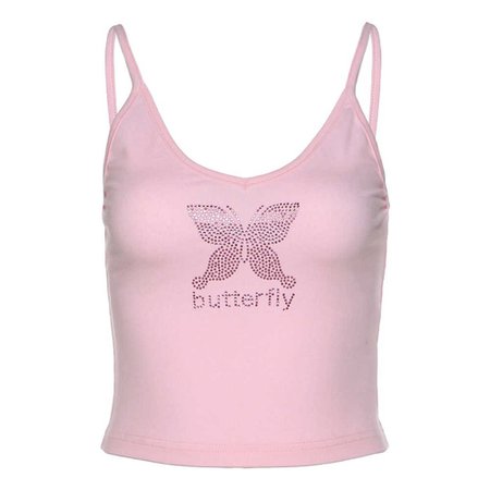 Butterfly Rhinestones Pink Tops Women Tank Tops Ladies Spaghetti StrapSweet Summer Backless Crop Tops camisole Party Tops|Tank Tops| - AliExpress