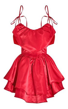 Red Satin Tiered Tie Strap Shift Dress | PrettyLittleThing
