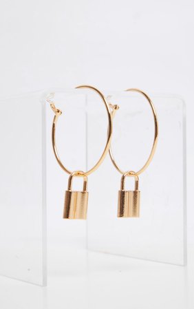 Gold Padlock Charm Medium Hoop Earrings | PrettyLittleThing