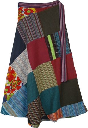 Multicolored Mixed Patchwork Wrap Around Cotton Skirt | Clearance | Multicoloured | Wrap-Around-Skirt, Patchwork, XL-Plus, Sale|26.99|