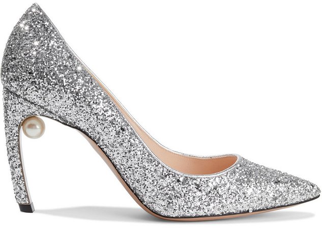 Mira Faux Pearl-embellished Glittered Cotton-blend Pumps