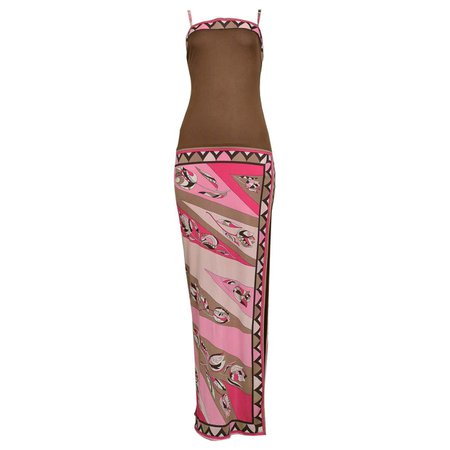 Vintage Emilio Pucci Pink and Brown Abstract Print Silk Jersey Gown For Sale at 1stDibs