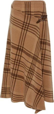 Wrap-Effect Asymmetric Checked Wool Midi Skirt Size: XS