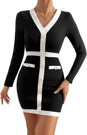 SweatyRocks Women's Long Sleeve V Neck Dress Houndstooth Button Front Bodycon Mini Dresses Black White Block M at Amazon Women’s Clothing store