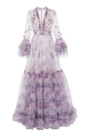 Tiered Embellished Printed Organza Gown by Costarellos | Moda Operandi