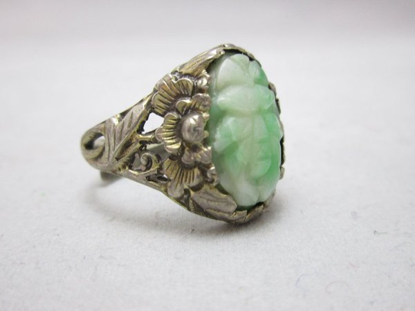 Chinese Silver & Jade Ring Antique Edwardian c1910. - Top Banana Antiques