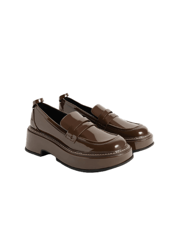 Charles And Keith - Patent Platform Penny Loafers in Dark Brown