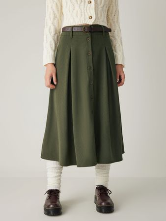Corduroy Button Maxi Skirt with Belt - Cider