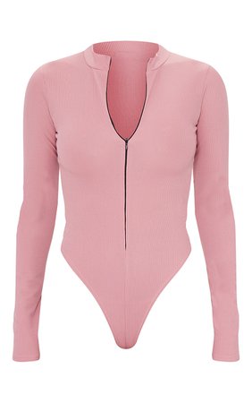 Pink Rib Zip Up Long Sleeve Bodysuit | Tops | PrettyLittleThing USA