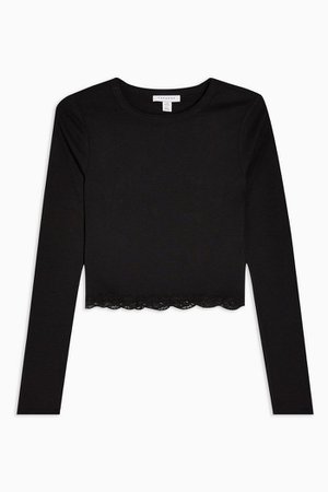 Black Long Sleeve Lace Trim Top | Topshop