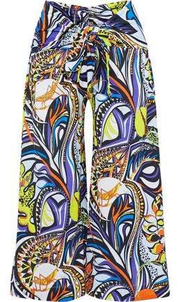 Cropped Tie-front Printed Cotton-jersey Wide-leg Pants
