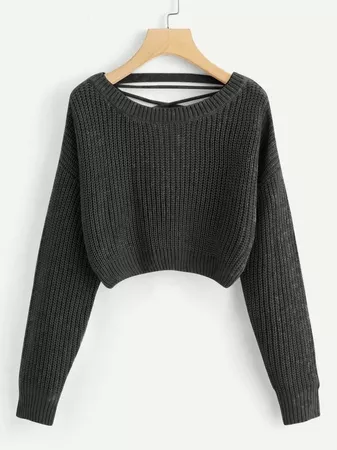 Lace-Up V Back Crop Sweater | SHEIN USA