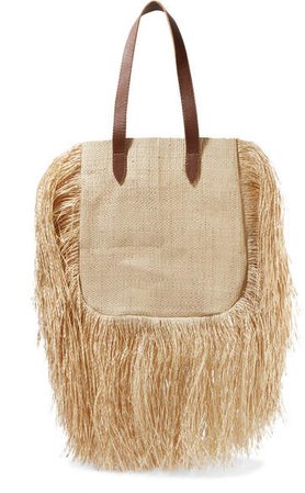 Net Sustain Aurora Leather-trimmed Fringed Woven Raffia Tote - Sand