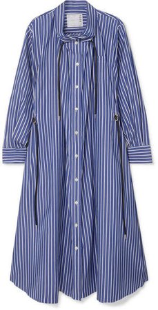 Gathered Striped Cotton-poplin Midi Dress - Blue