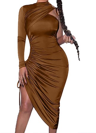 Amazon.com: Kafiloe Women Sexy Bodycon Ruched Dress One Shoulder Long Sleeve Mock Neck Party Dress Drawstring Side Midi Dress : Clothing, Shoes & Jewelry