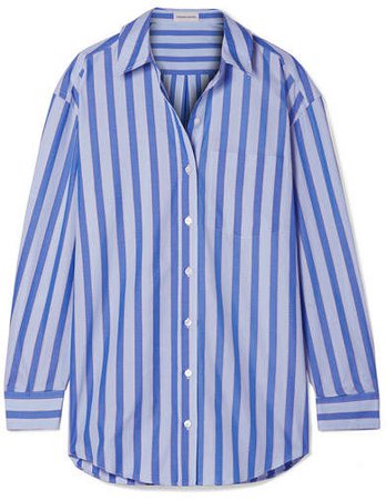 Oversized Striped Cotton Shirt - Blue