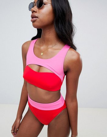 ASOS | ASOS DESIGN color block high leg high waist bikini bottom in red/pink