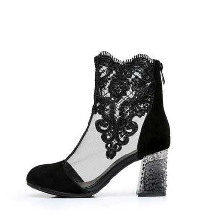 Black Lace Chunky Sexy Boots - StyleWe.com