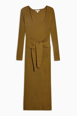Ribbed Square Neck Belted Midi Dress | Topshop