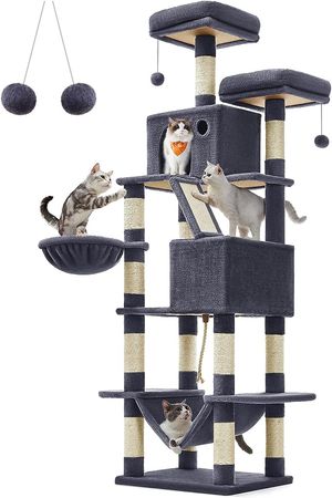 Amazon.com : Feandrea Cat Tree, 81.1-Inch Large Cat Tower with 13 Scratching Posts, 2 Perches, 2 Caves, Basket, Hammock, Pompoms, Multi-Level Plush Cat Condo for Indoor Cats, Beige UPCT190M01 : Pet Supplies