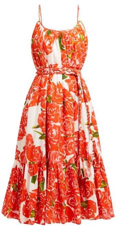 Lea Floral Print Tiered Poplin Dress - Womens - Red White