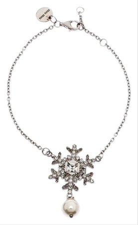 Miu Miu Silver 925 Snow Flake Crystal Embellished Drop Pearl Bracelet
