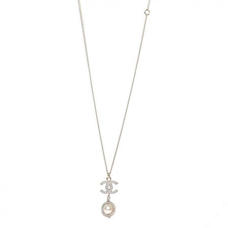 CHANEL Crystal CC Pearl Drop Necklace Gold 606897
