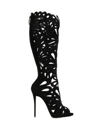 black lattice knee high cutout boots