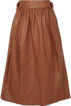 Betty Gathered Leather Wrap Midi Skirt - Brown