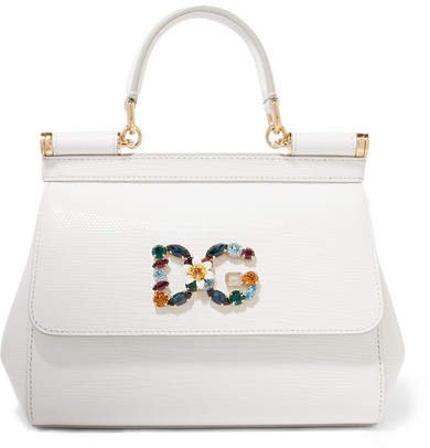 Sicily Small Embellished Lizard-effect Leather Tote - White