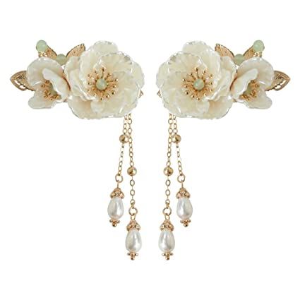 Amazon.com : A Pair of Flower Chinese Duckbill Hair Clips for Women Kimono Pearl Floral Accessories Vintage White Plum Gold Barrettes : Beauty & Personal Care
