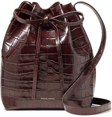 Mini Croc-effect Leather Bucket Bag - Dark brown