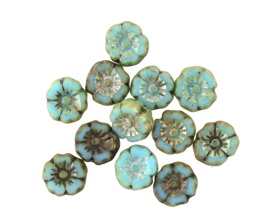 Czech Glass Green Turquoise w/ Antique Silver Picasso Hibiscus Coin 7mm - Lima Beads