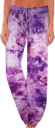 NEWCOSPLAY Women's Comfy Pajama Pants Casual Drawstring Palazzo Lounge Wide Leg Pants (Tie Dye-Pink Purple, Medium) at Amazon Women’s Clothing store